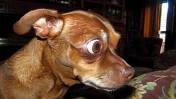 A close up of a brown dog looking at the camera, AI photo