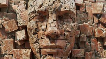 A large brick wall with a face made of many small bricks, AI photo