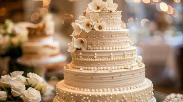 A wedding cake with flowers on top of a table, AI photo