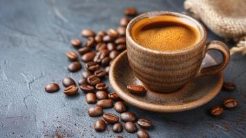 A cup of coffee on a table with beans and saucer, AI photo