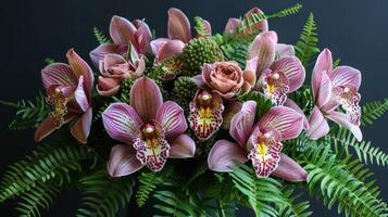 A bouquet of pink flowers and ferns in a vase, AI photo