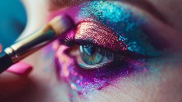 A close up of a woman's eye with makeup and glitter, AI photo