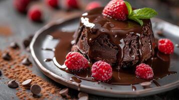 A chocolate cake with raspberries and mint on a plate, AI photo