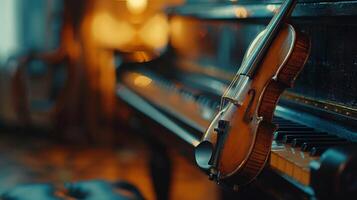A violin sitting on top of a piano in front of the keys, AI photo