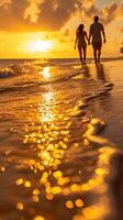 A couple walking on the beach at sunset holding hands, AI photo