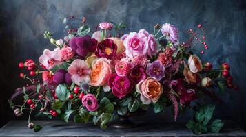 A vase of flowers in a dark room with green leaves, AI photo