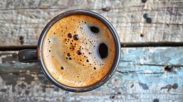 A close up of a cup with coffee on it sitting next to some wood, AI photo