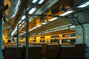 Public trains in Java, Indonesia are empty of passengers in the afternoon when the sun sets. The train carriage was quiet and many passenger seats were empty photo