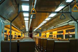 Public trains in Java, Indonesia are empty of passengers in the afternoon when the sun sets. The train carriage was quiet and many passenger seats were empty photo