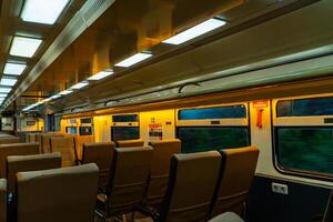 Public trains in Java, Indonesia are empty of passengers in the afternoon when the sun sets. The train carriage was quiet and many passenger seats were empty photo