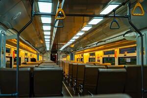 Public trains in Java, Indonesia are empty of passengers in the afternoon when the sun sets. The train carriage was quiet and many passenger seats were empty photo
