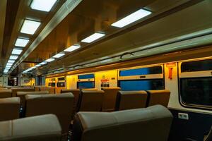 Public trains in Java, Indonesia are empty of passengers in the afternoon when the sun sets. The train carriage was quiet and many passenger seats were empty photo