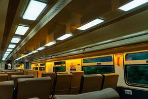 Public trains in Java, Indonesia are empty of passengers in the afternoon when the sun sets. The train carriage was quiet and many passenger seats were empty photo
