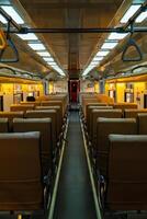 Public trains in Java, Indonesia are empty of passengers in the afternoon when the sun sets. The train carriage was quiet and many passenger seats were empty photo
