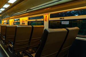 Public trains in Java, Indonesia are empty of passengers in the afternoon when the sun sets. The train carriage was quiet and many passenger seats were empty photo