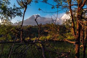 Panorama of Mount Merapi at dusk is very clear with the blue sky and green forest in the foreground with a ravine where cold lava flows. The landscape of Mount Merapi is truly enchanting and charming photo