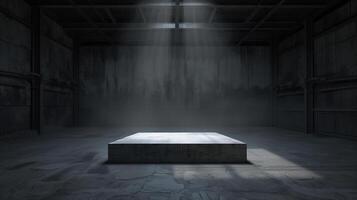 Empty space of Studio dark room with concrete stone stage or podium and spot lighting and fog or mist on concrete floor grunge texture in back photo