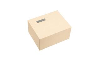 Simple but high-quality cardboard box. Gift wrapping with a metal label. Isolate on a white back photo