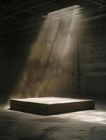 Empty space of Studio dark room with concrete stone stage or podium and spot lighting and fog or mist on concrete floor grunge texture in back photo