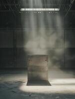 Empty space of Studio dark room with concrete stone stage or podium and spot lighting and fog or mist on concrete floor grunge texture in back photo