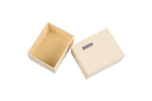 Simple but high-quality cardboard box. Gift wrapping with a metal label. Isolate on a white back photo