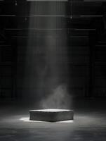 Empty space of Studio dark room with concrete stone stage or podium and spot lighting and fog or mist on concrete floor grunge texture in back photo