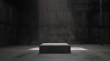 Empty space of Studio dark room with concrete stone stage or podium and spot lighting and fog or mist on concrete floor grunge texture in back photo