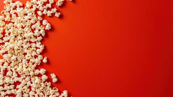 Popcorn scattered on a red background. A classic movie theater snack. View from above. photo
