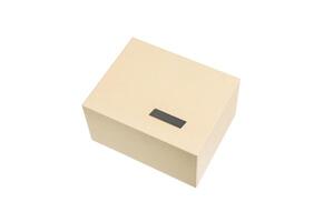 Simple but high-quality cardboard box. Gift wrapping with a metal label. Isolate on a white back photo