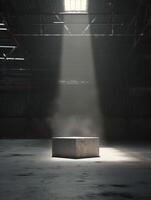 Empty space of Studio dark room with concrete stone stage or podium and spot lighting and fog or mist on concrete floor grunge texture in back photo
