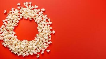 Popcorn scattered on a red background. A classic movie theater snack. View from above. photo