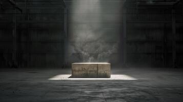 Empty space of Studio dark room with concrete stone stage or podium and spot lighting and fog or mist on concrete floor grunge texture in back photo