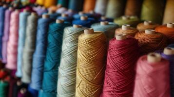 Multicolored yarn spools used in textile industry. Set of colored threads for sewing on coils. Pile of big colorful spools of thread. Colored thread spools of thread large class, textiles, back photo