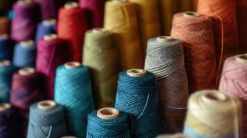 Multicolored yarn spools used in textile industry. Set of colored threads for sewing on coils. Pile of big colorful spools of thread. Colored thread spools of thread large class, textiles, back photo