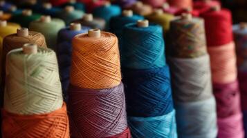 Multicolored yarn spools used in textile industry. Set of colored threads for sewing on coils. Pile of big colorful spools of thread. Colored thread spools of thread large class, textiles, back photo