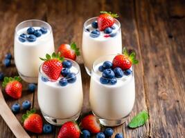 Fresh Yogurt with Strawberries and Blueberries on Rustic Wooden Table photo