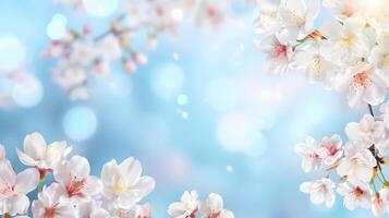 Springtime pink cherry blossom with sunshine bokeh, blue background, copy space background photo