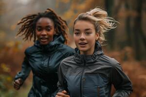 Two women running through a forest photo