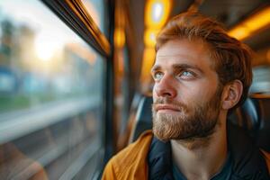 Man looking out of train window photo