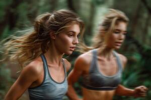 Women running through forest photo