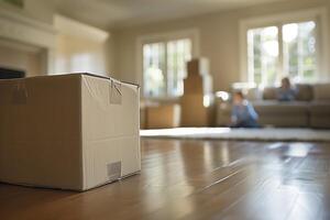 A cardboard box is seen resting on the floor in a living room, possibly indicating a recent move or ongoing relocation process in the premises rental photo