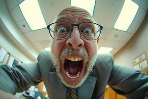 Angry business man in a suit and tie screaming, wide angle portrait photo
