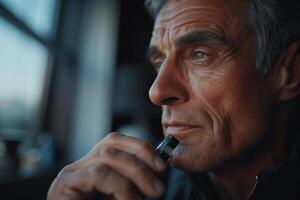A pensive middle-aged man holding an electronic cigarette and looking away through the window photo