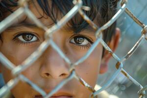 A close-up Mexican child standing behind chain link fence, possibly in refugee or migrant camp. The child appears restricted by barrier, symbolizing challenges faced in context of migration crisis photo