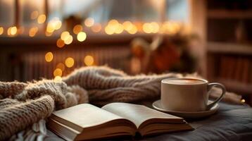 Cozy evening still life with a book and cocoa and lights in the background photo