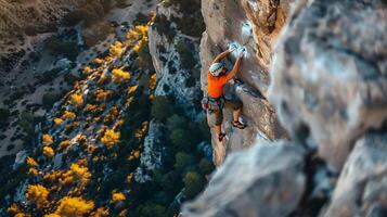 Rock Climber Ascending a Steep Cliff Face photo