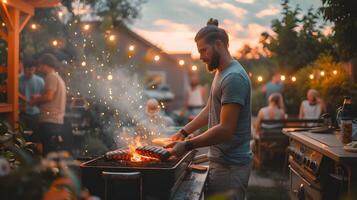 Man Grilling Meat at a Backyard Barbecue photo