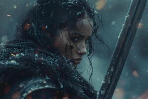 A female fantasy warrior stands in a snowy landscape, gripping her sword. She is dressed in armor and appears focused and determined as she braves the cold terrain photo