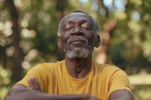 An African American senior man with a grey beard is sitting in a park, eyes closed, practicing breathing exercises as part of his wellness routine photo