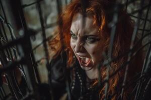 Screaming evil witch in a cage photo